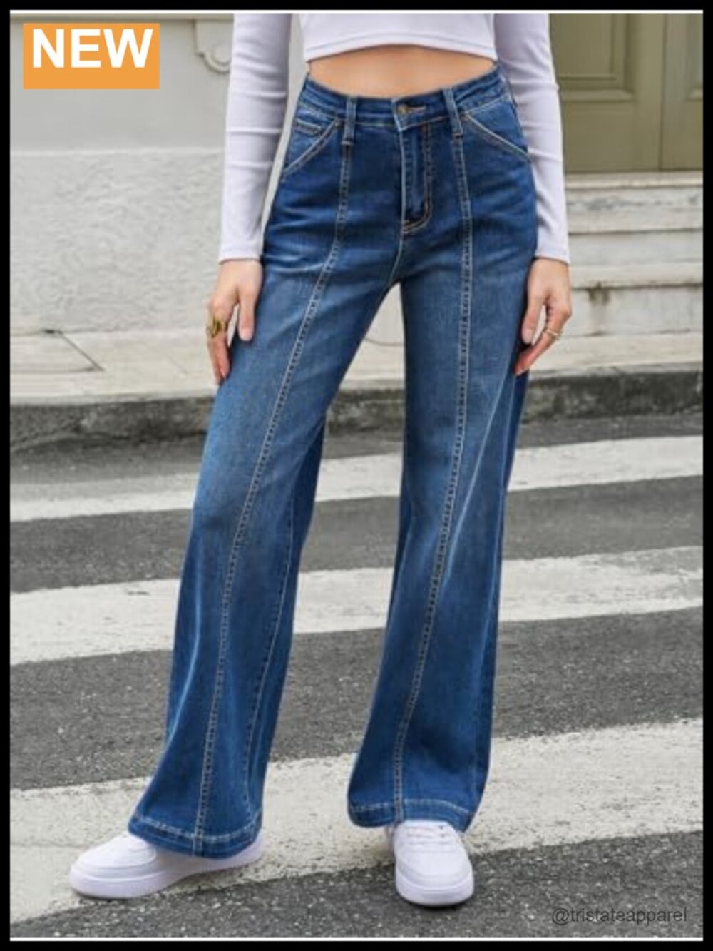 High Waisted Wide Leg Baggy Jeans with Pockets Front Seam Stretch Denim - Picture 3 of 6